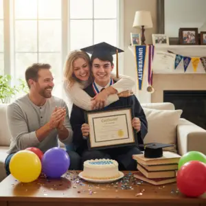 student and parents celebrating