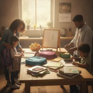 family getting ready for school