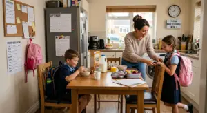 family getting ready for school